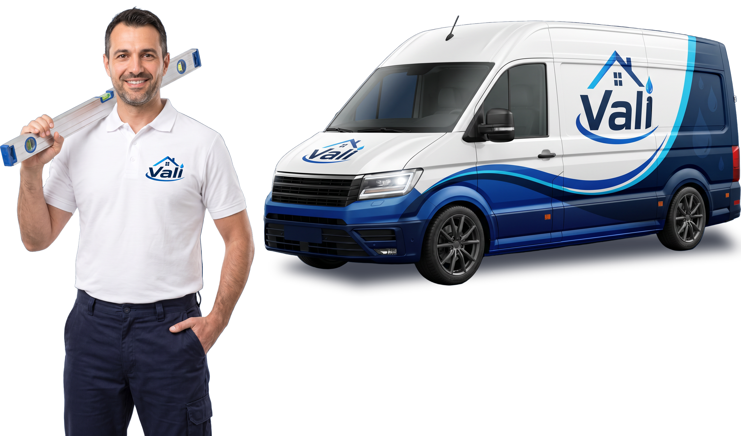 Handwerker im weißen Polo mit großem Vali-Logo und Wasserwaage auf der Schulter, daneben der Firmentransporter in den Vali-Farben mit Logo und Leichtmetallfelgen