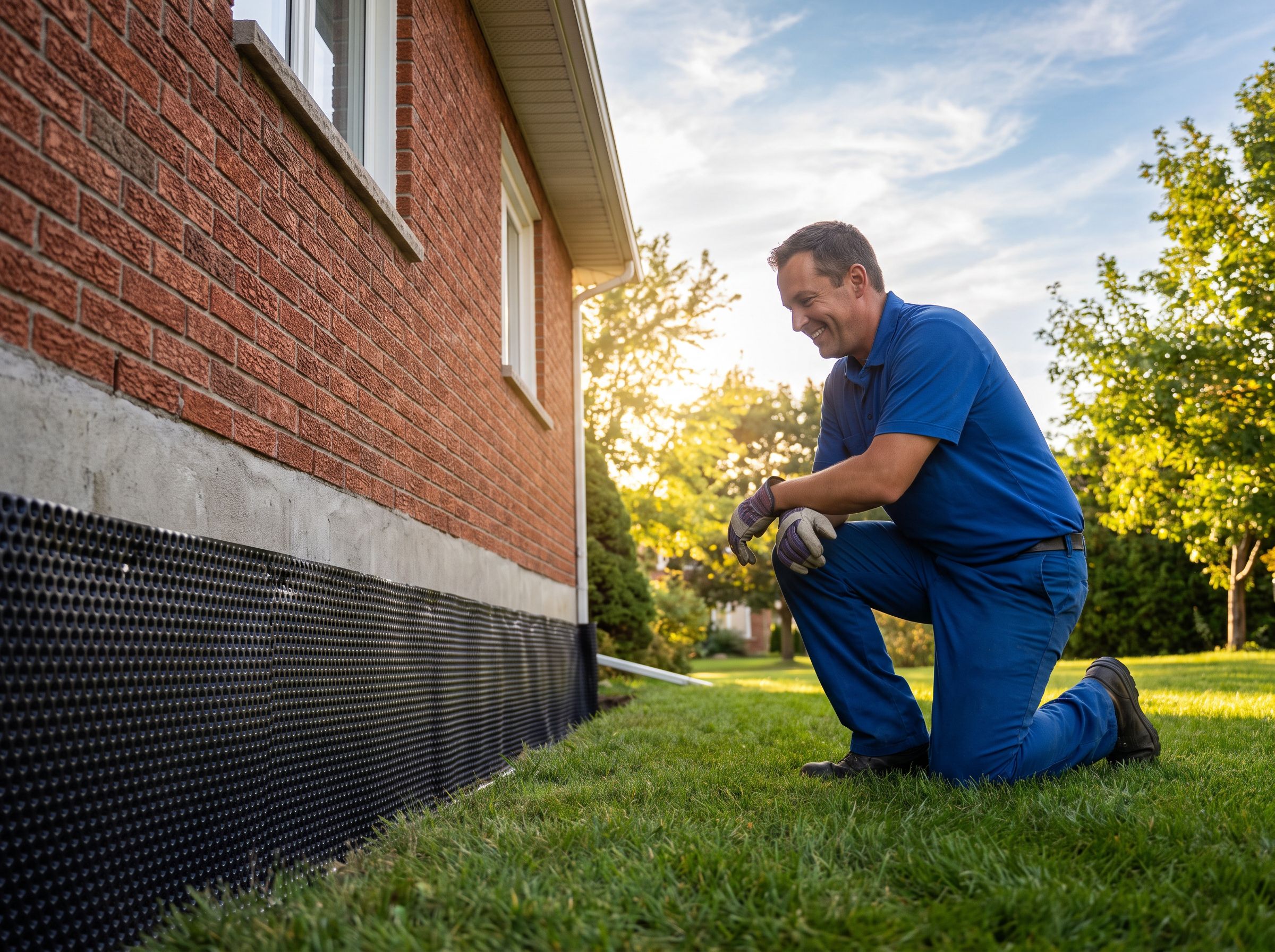 Handwerker kniet in der Sonne vor der frisch abgedichteten Kellerwand eines Backsteinhauses